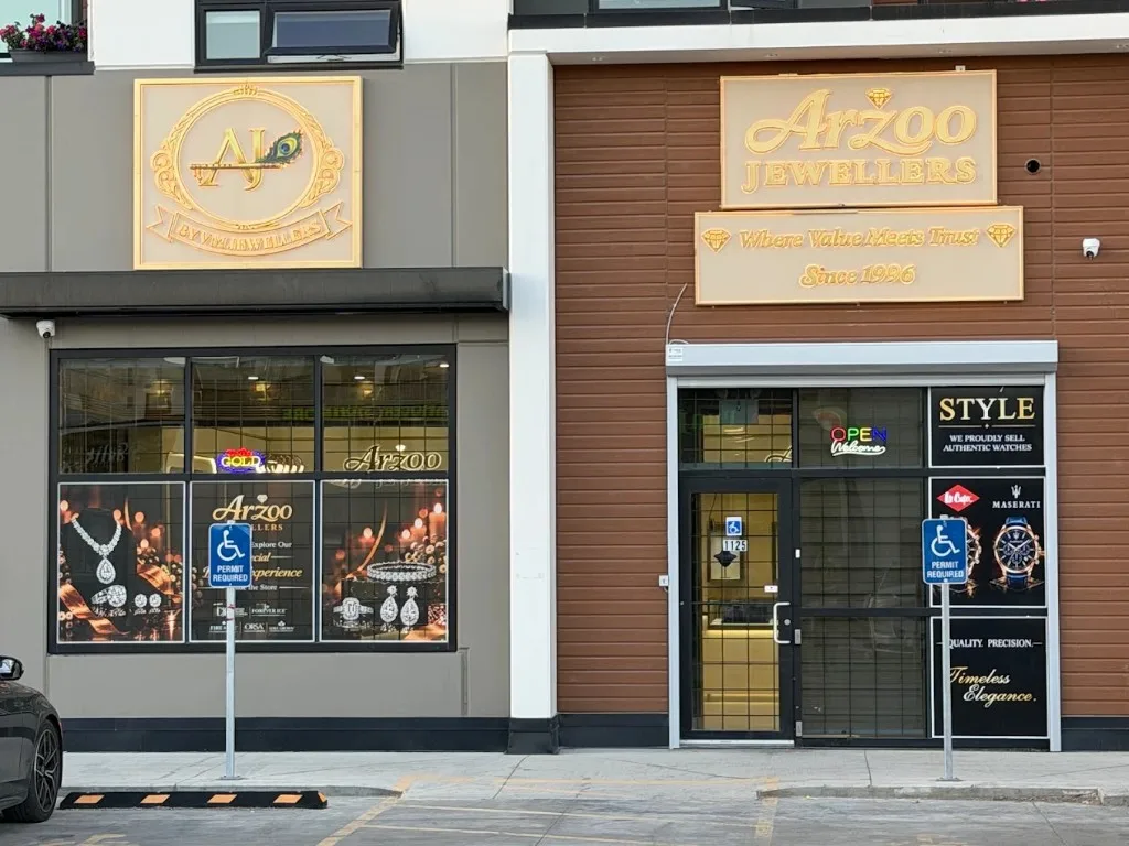 Arzoo Jewellers storefront in Calgary, signage reading Where Value Meets Trust, Since 1996